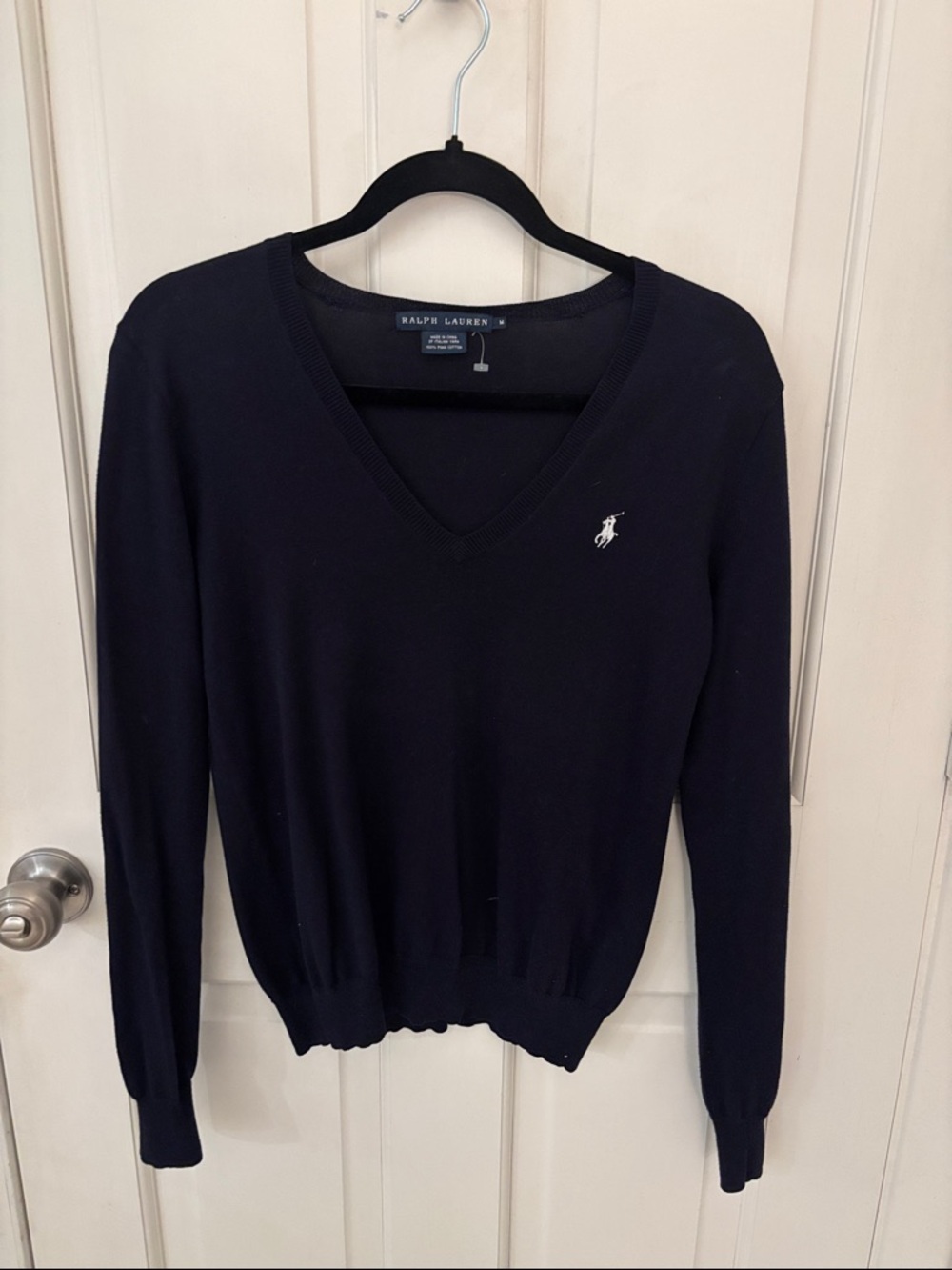 Ralph Lauren Navy V-Neck Sweater with White Pony Logo